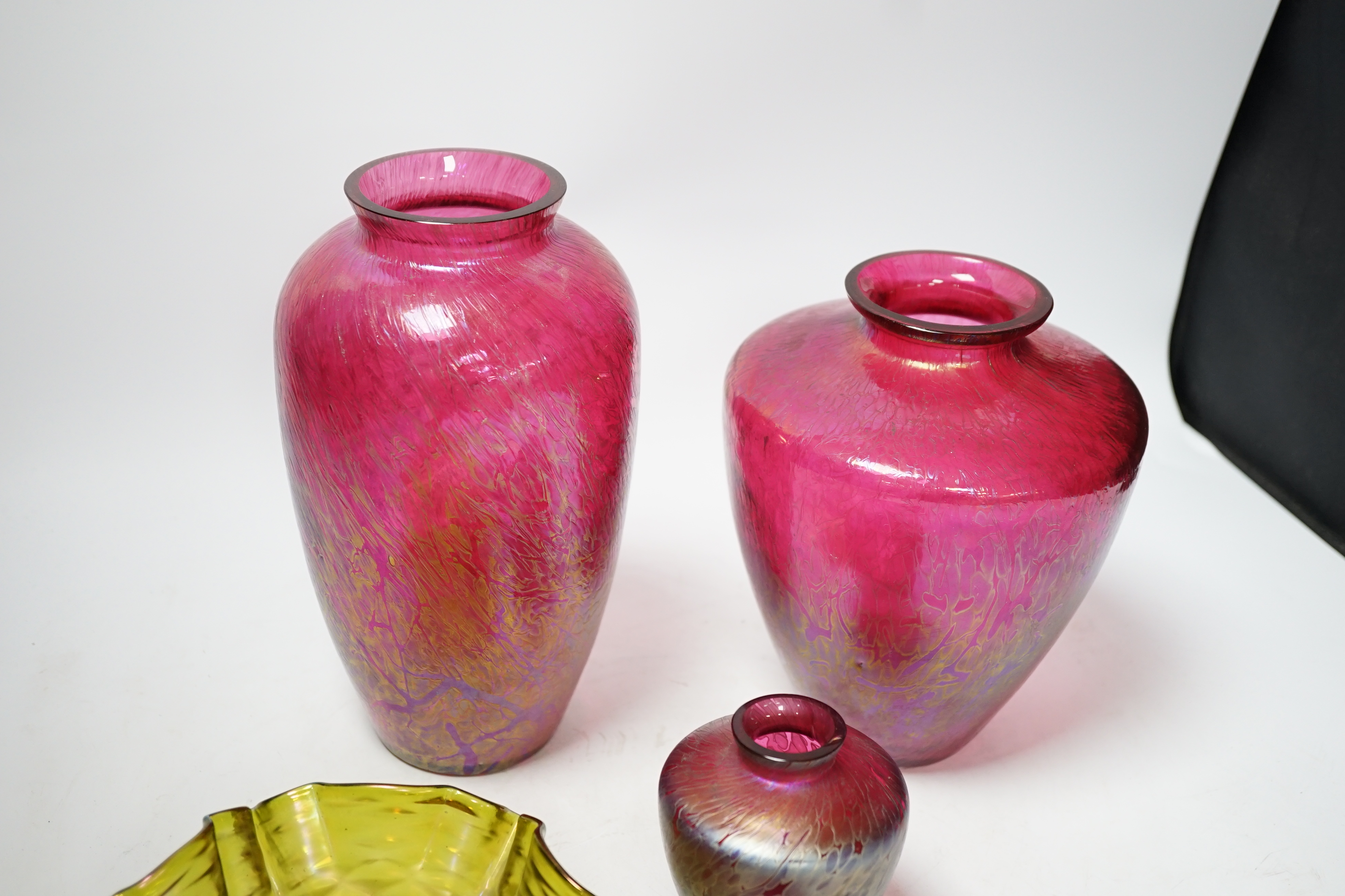 Four Royal Brierley glass pieces and a Loetz style dish, largest 23cm high